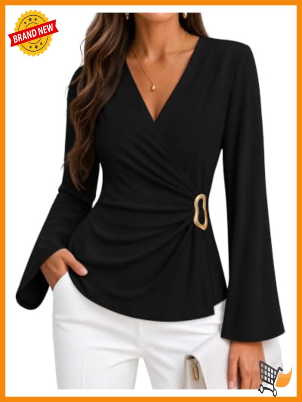 Wrap V-Neck Bell Sleeve Blouse Ruched Slim Fit Business Casual Top